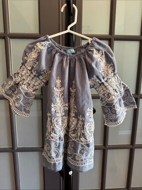Toddler Blue Embroidered Peasant Dress with Cream Accents